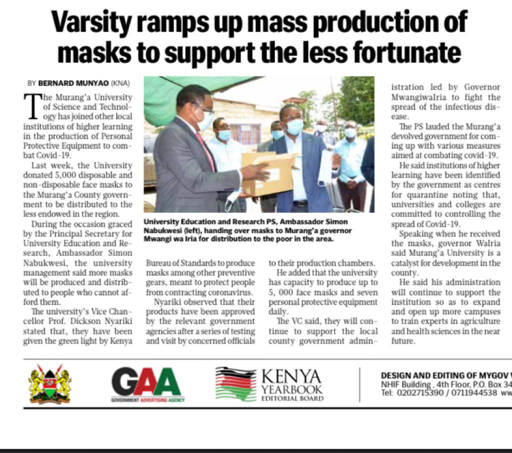 PSUniEdOfficial's tweet photo. The Murang'a University of Science &amp; Technology has joined other local institutions of higher learning in production of PPE to combat COVID-19. 
(University Education &amp; Research PS Amb. Simon Nabukwesi handing over masks to Murang'a Governor Mwangi Wa Iria for distribution) https://t.co/cDW2gGY3Qy
