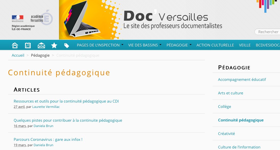 DOC_edu_num's tweet photo. La rubrique "#ContinuitePedagogique" du site #profdoc @DocVersailles @acversailles met à disposition :

- des témoignages de profs docs
- des ressources et des outils à destination des enseignants et des élèves

📌 https://t.co/r0tZwr7Ilb https://t.co/zGb9gHisQ8