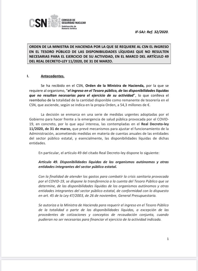 Macarena_Olona's tweet photo. El Gobierno ha requerido al @CSN_es que le transfiera su caja porque NO hay dinero: 54 millones. ¿Saben lo que esto significa? Si se produce una catástrofe nuclear o radiológica en España, el Organismo encargado de dar respuesta NO tendría fondos. ¿Improvisación? Temerarios. https://t.co/f7kECcukLU