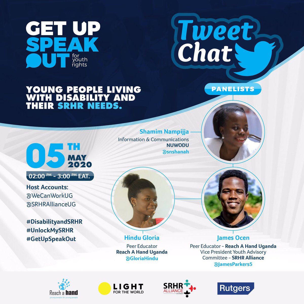 It’s a few minutes to the tweet chat. You don’t want to miss out on this. Join in so that we can engage in the #DisabilityandSRHR conversation. Your ideas & opinions help shape and guide opinions for policy makers and stakeholders to act. @SRHRAllianceUg @snshanah @JairusMukoota
