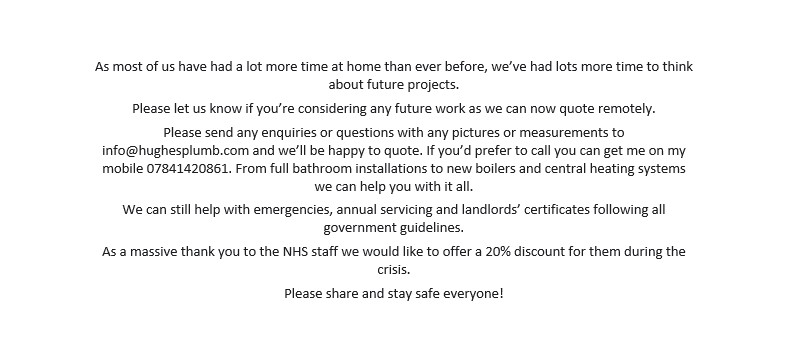 HughesLimited's tweet photo. We Are Still Open ! Please See Our Images For More Updates :) #hughesplumbing #plumbing #heating #futureprojects #DIY #home #staysafe https://t.co/jTLTFuYXtG