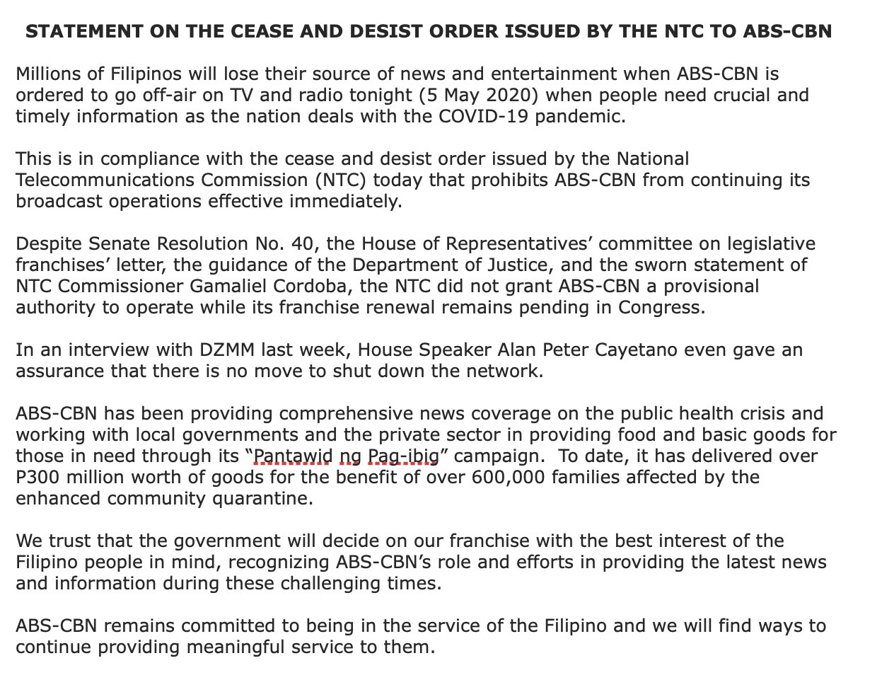 Philippines shuts down leading broadcaster ABSCBN / Twitter