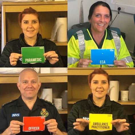 MindvisionUK's tweet photo. In full NHS protective gear, how do you know who's who? @swasFT @NHSuk contacted us about this. We  supported them and supplied colour coded ID stickers that had space for a name &amp; title. A huge thank you to all the front line workers - this is the least we can do to support you! https://t.co/arE2FO7jyn