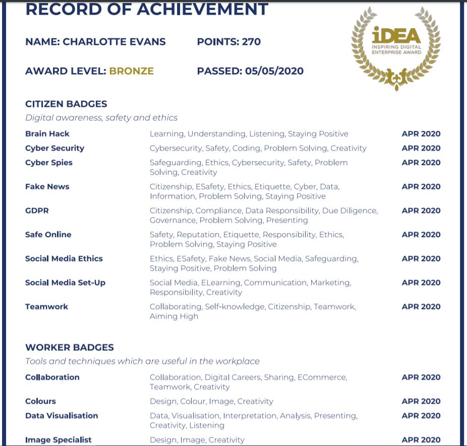WCHS_Computing's tweet photo. The incredible Charlotte Evans is our latest Digital Enterprise Bronze Award winner. Brilliant! See a snippet of her Record of Achievement. Certificate on the way! #250points #SilverNext #Digital #Computing #Winner #ThisGirlCan https://t.co/35F0sbzlBJ