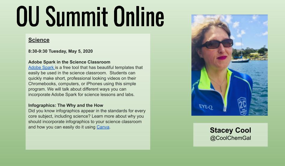 MrSorensen805's tweet photo. Super excited for our #OUSummit Online today for Science. @CoolChemGal will be talking about @AdobeSpark in Science and Infographics using @canva.  #TeamOUHSD
@MsCorene @JWhiteScience @MsNaghdiPHS https://t.co/vq1u5cTjJG
