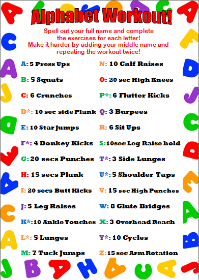 ActiveWeller's tweet photo. Alphabet Workout 🧑‍���🍎

Spell out your Name and Complete the Exercise your Letter Represents! 

Try your Family and Friends Name's too 💪

#StayAtHome #StayInWorkOut #homeexercise #homechallenge #exercise #stayfit #lockdownexercise #homeworkout #stayactive #PhysicalActivity #sport https://t.co/Ct4DGccBDw