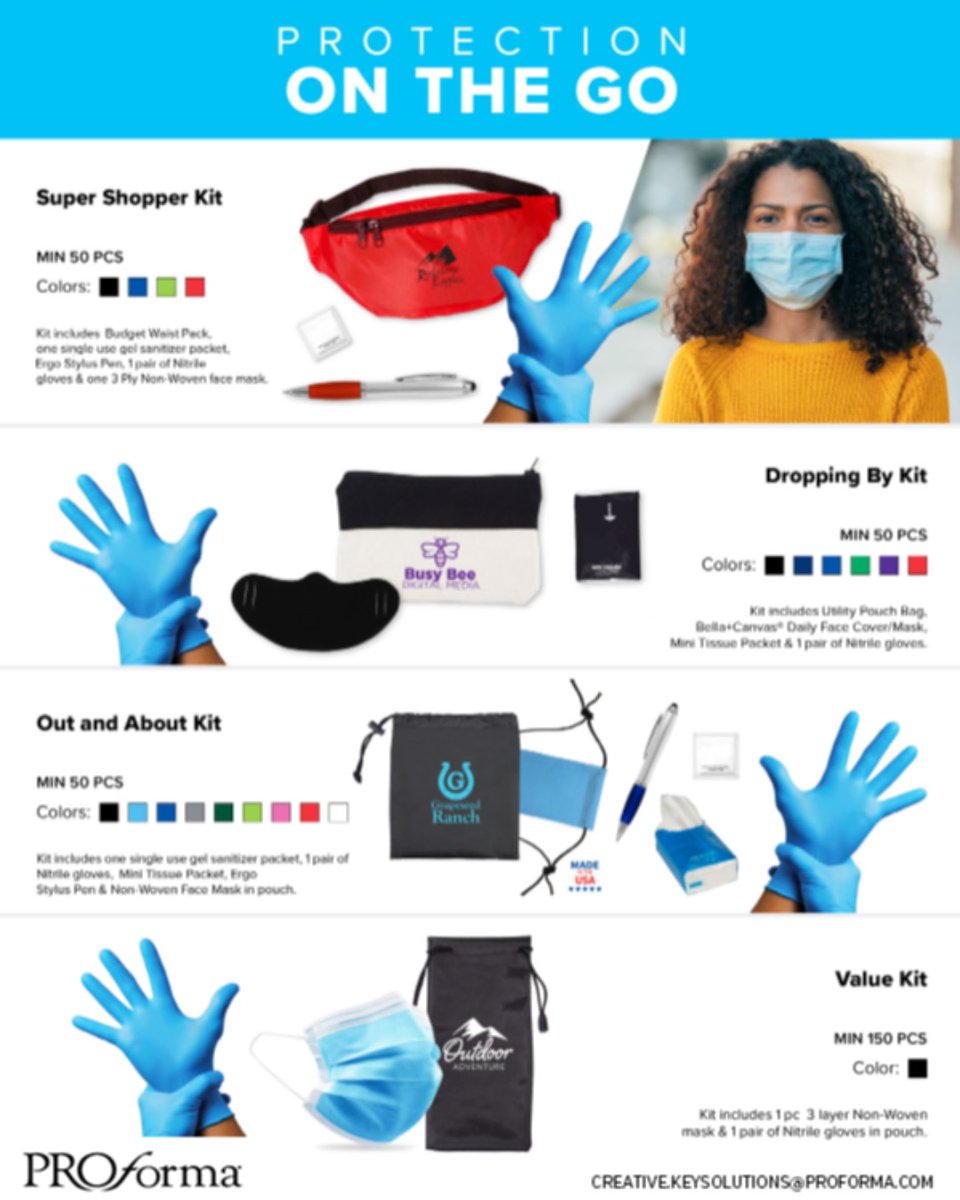 proformanola's tweet image. Always stay safe with protection on the go! With a variety of different kits there is something for everyone. Email us today to find out which is best for you.
#proformakeysolutions #protectiononthego #covid19 #protection #marketing #promotionalproduct #ppe #staysage