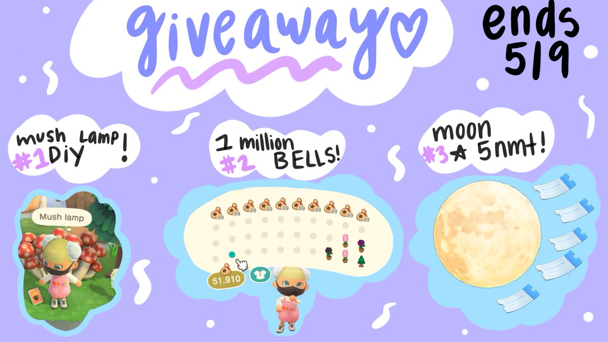 mushmi_'s tweet photo. MUSHMI MEGA GIVEAWAY✨

🥺Thank you for 400 friends♡

3 winners - the first winner will pick their prize first☺️

1. MUSH LAMP DIY
2. 1 MILL BELLS
3.  MOON &amp; 5 NMT 

To enter:
🦋Follow me
💕Retweet
💫Tag a friend! 

The winners will be chosen at random on on Friday 5/8✨

#acnh https://t.co/laLb4qjy30