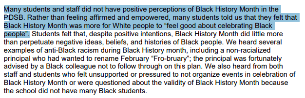 MsHBamford's tweet photo. This statement from the #PDSB #AntiBlackRacism #MinistryReview also stands out to me

Every month needs to be #BlackHistoryMonth - having a "celebration" once a year lets us off the hook for the rest of the year. We need to do this every day - it can't be a token or lip service https://t.co/mP25jw3JRQ
