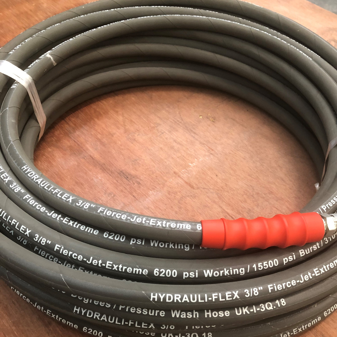 Our Hydrauli-Flex™ Fierce Jet Extreme Pressure Washer Assemblies are back in stock! These come as 50ft and 100ft assemblies with bend restrictors. As always 6200PSI working pressure at 310°F.  Grey Non-Marking Cover is perfect for indoor and roofing jobs.