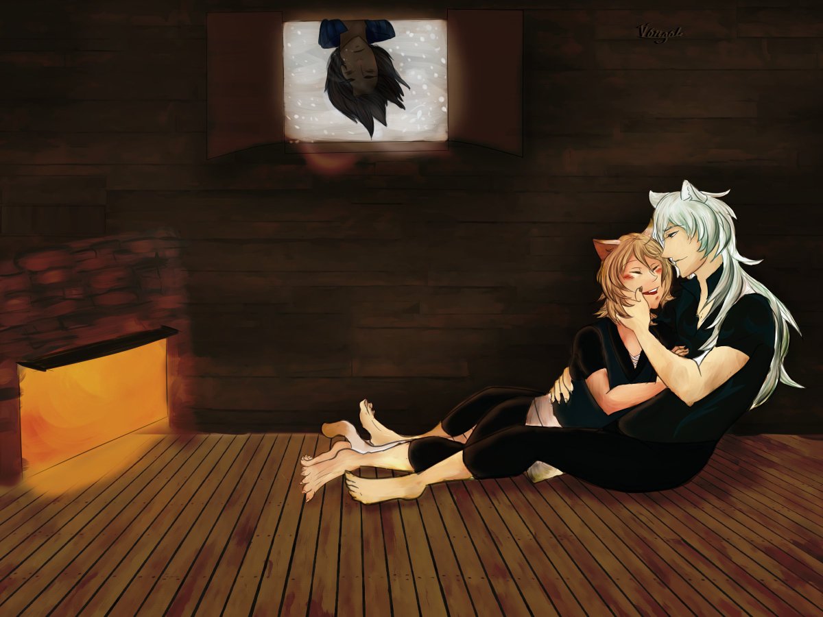 #OldArt
My Lamento Secret Santa submission from 2016. RaiKono was their fav, so I drew the kitties cuddling by the fire on a snowy night, with Asato hanging by the window.

#Lamento #BL #NitroChiral #LamentoBeyondTheVoid #RaiKono
