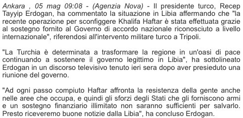 Erdogan sulla crisi libica: "La Turchia è determinata a trasformare la regione in un'oasi di pace"  https://www.agenzianova.com/primopiano/897/erdogan-sulla-crisi-libica-la-turchia-e-determinata-a-trasformare-la-regione-in-un-oasi-di-pace  #Haftar  #LNA  #Sarraj  #GNA