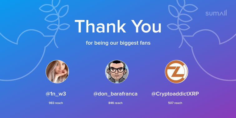 Our biggest fans this week: 1n_w3, don_barafranca, CryptoaddictXRP. Thank you! via sumall.com/thankyou?utm_s…