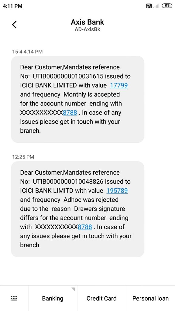 DTipalepatil's tweet photo. @AxisBank @AxisBankSupport 
what is this?, Today was my EMI date and today afternoon, i got this msg, what the hell is happng. this means on Due day u are sending this kind of msg? i will not pay any bounce charges and Not want to impact on cibil. https://t.co/noIqbnch94