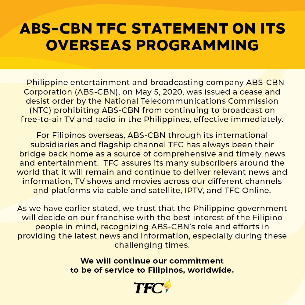 The Filipino Channel Read Abs Cbn Tfc Statement On Its Overseas Programming Tfc Assures Its Many Subscribers Around The World That It Will Remain And Continue To Deliver Relevant News And