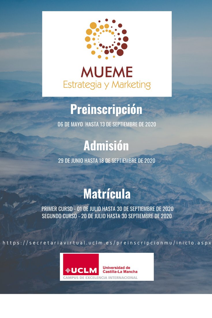 mueme's tweet photo. Mañana comienza el proceso de pre-inscripción en nuestro Máster https://t.co/usQMv2BDg3 #Master #Universitario #Estrategia #Marketing #Empresa @uclm_es @PosgradosC @UCLMeid #gruposreducidos #calidad #preciospublicos #profesionales #practicas #formación #UCLM https://t.co/bYeQc4l33b