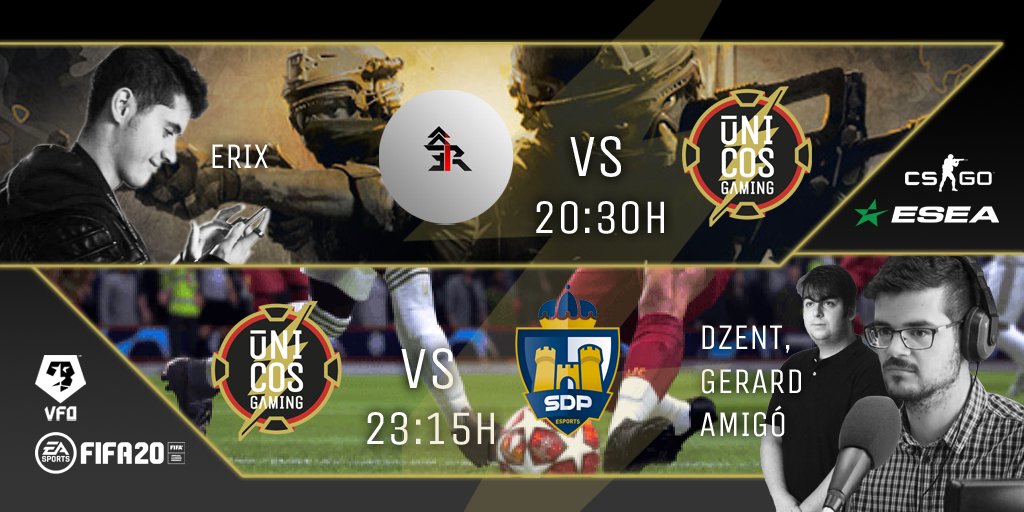 ¡Noche de partidos con nuestros cásters!

🏆 <a href="/ESEA/">ESEA League</a> #Open
🆚 <a href="/EgoRising/">Ego Rising</a>
⏰ 20:30H 🇪🇸
🎙️ @ErixCSGO 
📺 Twitch.tv/ErixCSGO

🏆 <a href="/VFOspain_ps/">VFOspain PS</a> 
🆚 <a href="/SDP_1922/">SD Ponferradina SAD</a> 
⏰ 23:15H 🇪🇸
🎙️ <a href="/DZenT_Boiia/">Diego40MeGustas 🎲📜🌑</a> + <a href="/gerardamigo/">Gerard Amigó</a> 
📺 Twitch.tv/UnicosGaming

¡Te esperamos! ⚡️ #SomosUnicos #WeAreUnicos