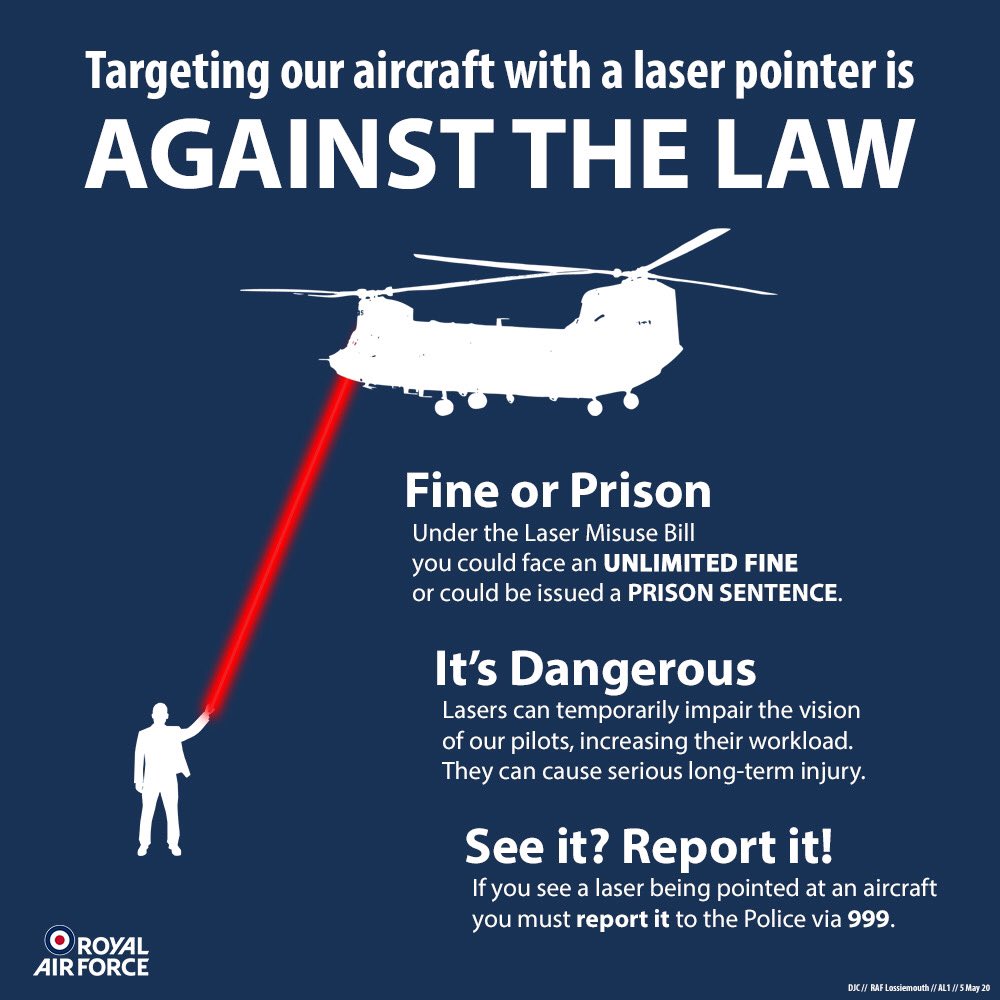 RAF_Odiham's tweet photo. #LaserAttacks on our aircraft are unfortunately still an issue.
Lasers may be fun to play with but they can present a very dangerous safety threat to our pilots.
Read more via @UK_CAA 👉 https://t.co/0SDd4zyTqb
#NotABrightIdea #ProtectingOurPilots #FlightSafety https://t.co/M7xYfUC2Q0