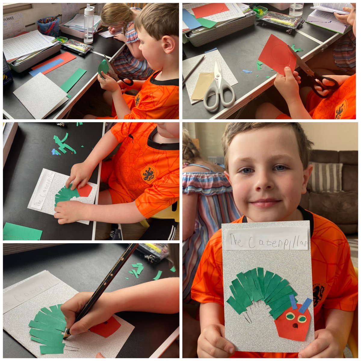 k222lan's tweet photo. @StBellarmine Adam has finished the front cover of his book 🍎🐛 #SRBRec #theveryhungrycaterpillar #helovescuttingout https://t.co/EhHFvbPFyC