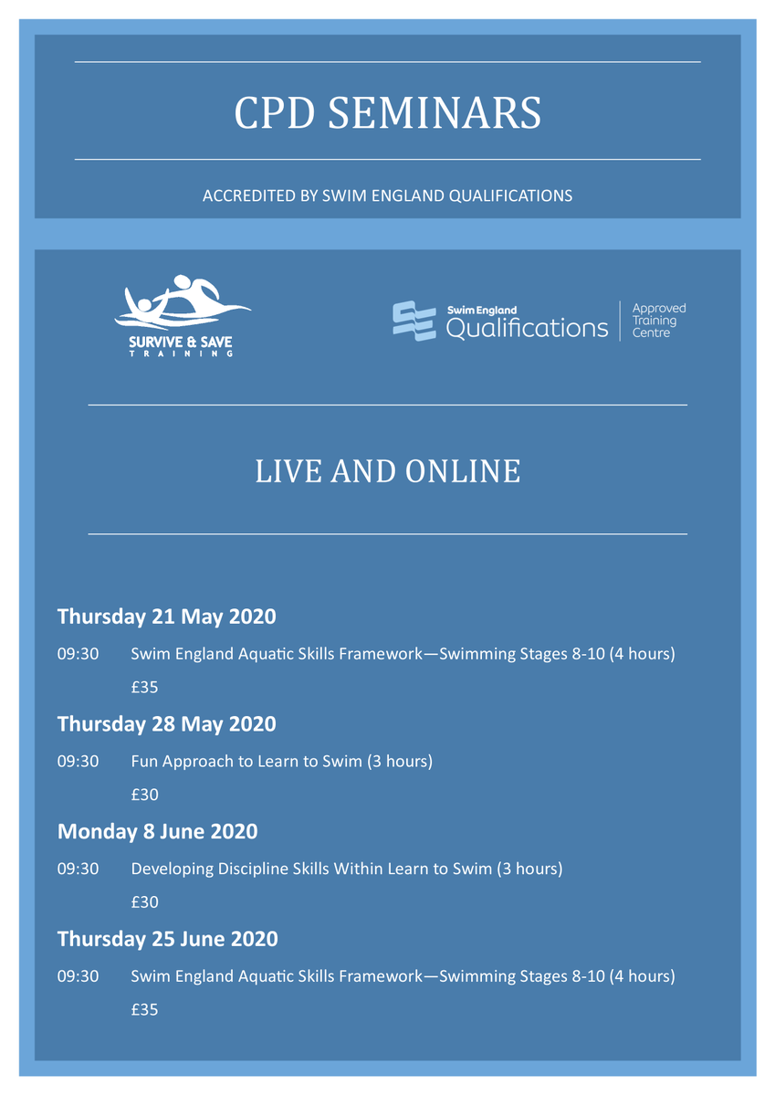 surviveandsave's tweet photo. Some great CPD opportunities available online for swimming teachers in May / June. Full details attached 👇
Book via https://t.co/x76jzjdKOD
#SEQualifications #CPD #TeachingSwimming https://t.co/qhSC885vDw