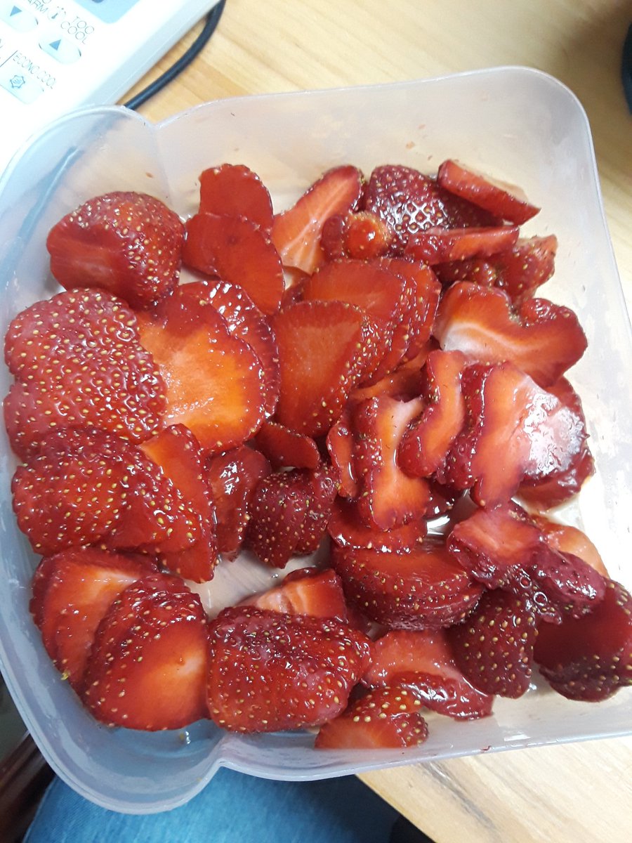 The grocery store was out of butter and whipping cream necessary for the 'lab' activity.  Did some sort of a lesson on strawberries and diffusion instead. Why do strawberries get a lot sweeter when you add just a little sugar? We may have done some thinking. #ourgravelly