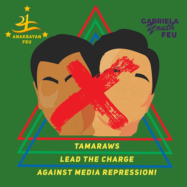 Anakbayan_FEU's tweet photo. TAMARAWS LEADING THE CHARGE AGANST MEDIA REPRESSION!

Sa panahong ng panunupil, lumalaban tayo kasama ang mga mag-aaral, propesor, ang buong komunidad ng akademya, at ang malawak na hanay ng sambayanang Pilipino!

Tutulan ang sistematikong represyon sa Midya at mamamayan! https://t.co/11Q41EmZyo