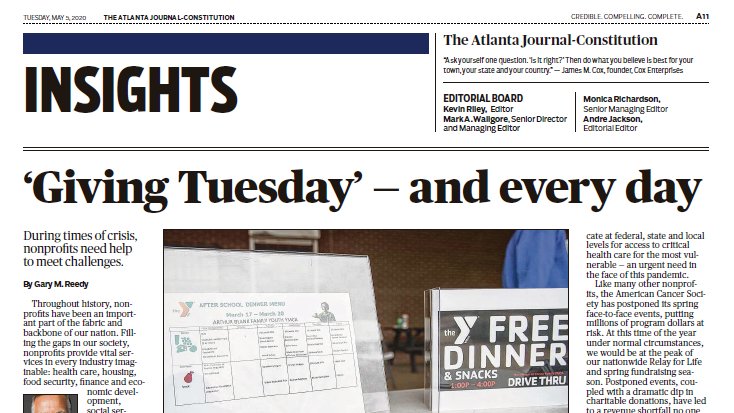 GaryReedyACS's tweet photo. Today on #GivingTuesdayNow in @ajc we are reminded of the critical role nonprofits play within our communities and across our nation. More than ever, your support is needed to help the most vulnerable through this crisis. https://t.co/woAVWgr0Wi https://t.co/BtSu7CRbxq
