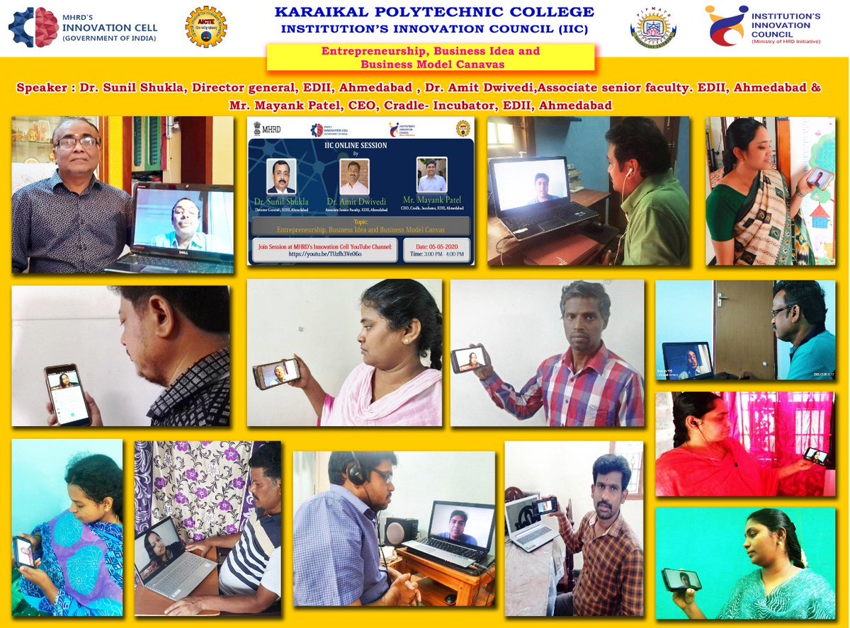 drsandanasamy's tweet photo. Today the #KPTC fraternity joined an interesting #IIC_Online_Sessions by #mhrd_innovation cell on "Entrepreneurship, Business Idea and Business Model Canvas" by @Drsunilshukla2, @DrDwivediAK, @mayankrp, @EDIIAhmedabad. Thanks to the team.@HRDMinistry @abhayjere #mhrdindia #mhrd https://t.co/UObCrAkEPZ
