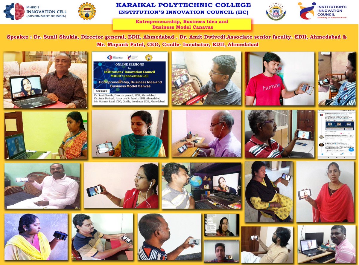 drsandanasamy's tweet photo. Today the #KPTC fraternity joined an interesting #IIC_Online_Sessions by #mhrd_innovation cell on "Entrepreneurship, Business Idea and Business Model Canvas" by @Drsunilshukla2, @DrDwivediAK, @mayankrp, @EDIIAhmedabad. Thanks to the team.@HRDMinistry @abhayjere #mhrdindia #mhrd https://t.co/UObCrAkEPZ
