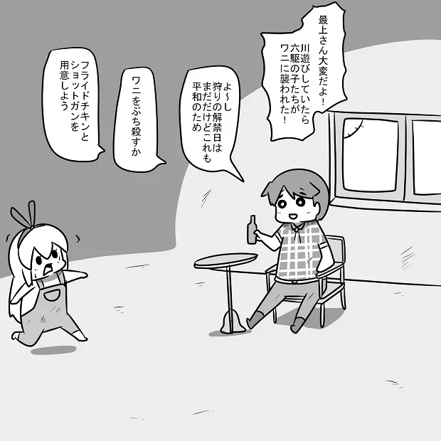 鎮守府周辺の川に出たワニを狩ろうする最上 