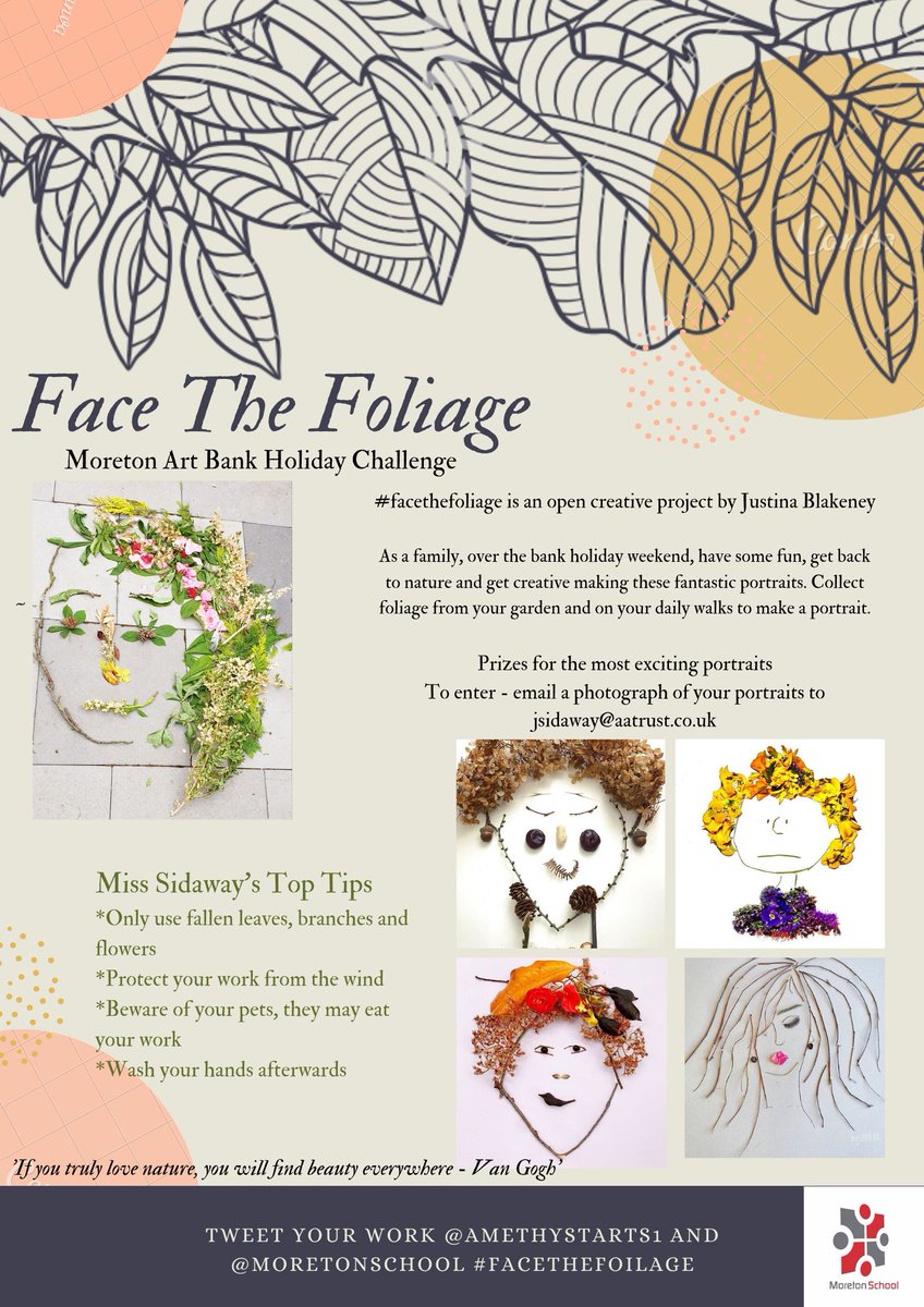 Calling Moreton staff and pupils! The art department would like you to have a go at #facethefoliage, a fun family activity to help you relax over the bank holiday weekend. We will upload this to teams and you can email jsidaway@aatrust.co.uk @MoretonSchool <a href="/AmethystArts1/">Amethyst Arts</a>
