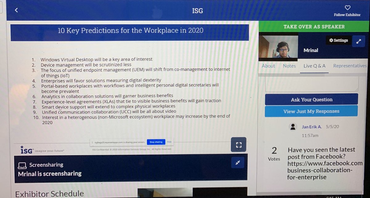 Listening to Mrinal Rai talk about his 2020 predictions for workplace of the future. It is interesting to note that 5-8 still apply immediately or in the near future, despite COVID-19. #isgfutureworkplace