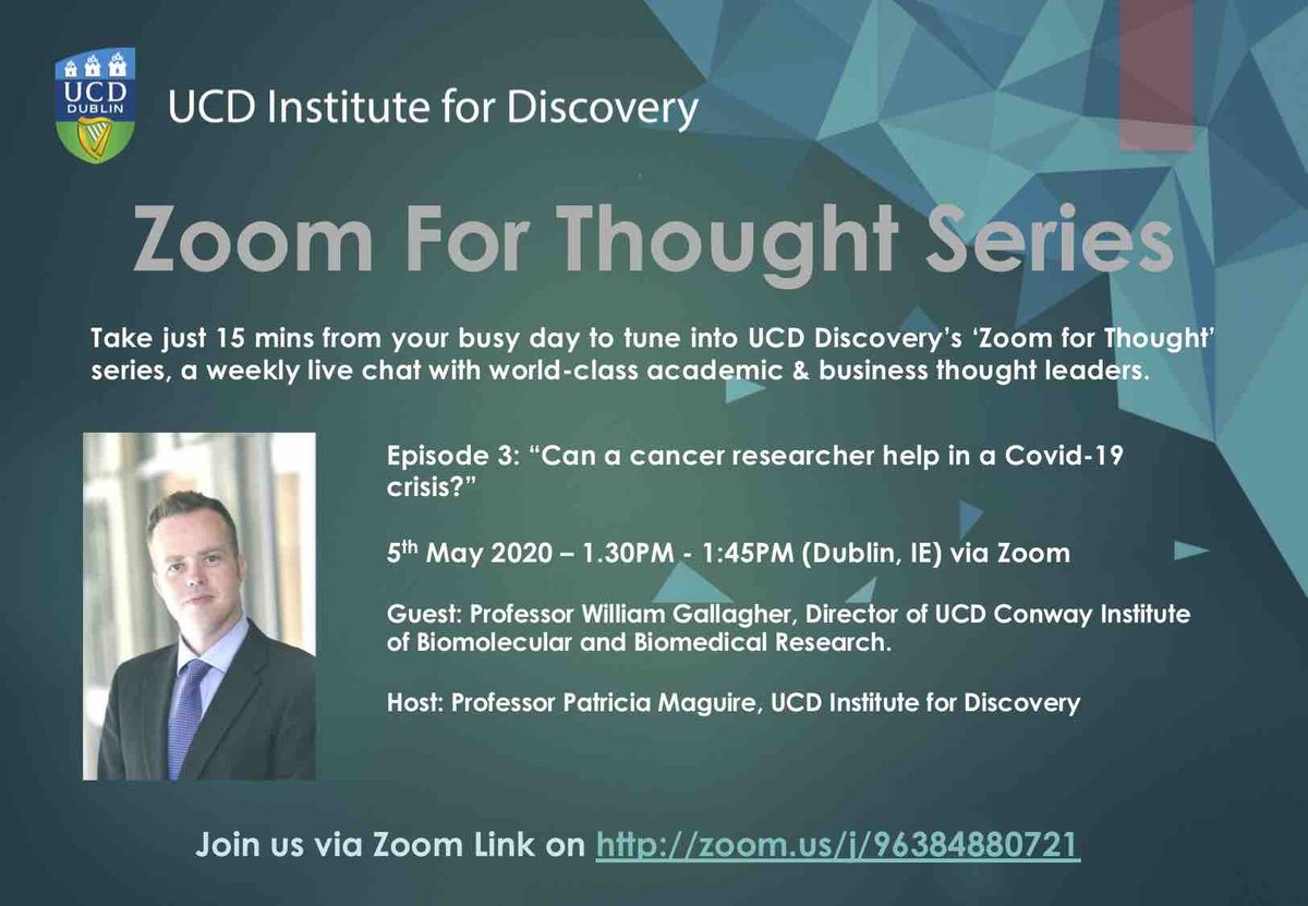 PH!L of Science (@philofscience) on Twitter photo "Can a cancer researcher help in a Covid-19 crisis?"
UCD Discovery Zoom for Thought session today from 1.30-1.45pm with Professor William Gallagher, Director, UCD Conway Institute
@UCDDiscovery <a href="/ucddublin/">University College Dublin</a> <a href="/ucdscience/">UCD Science</a> <a href="/UCD_Conway/">UCD Conway Institute</a>
#DiscoveredbyDiscovery "Can a cancer researcher help in a Covid-19 crisis?"
UCD Discovery Zoom for Thought session today from 1.30-1.45pm with Professor William Gallagher, Director, UCD Conway Institute
@UCDDiscovery <a href="/ucddublin/">University College Dublin</a> <a href="/ucdscience/">UCD Science</a> <a href="/UCD_Conway/">UCD Conway Institute</a>
#DiscoveredbyDiscovery