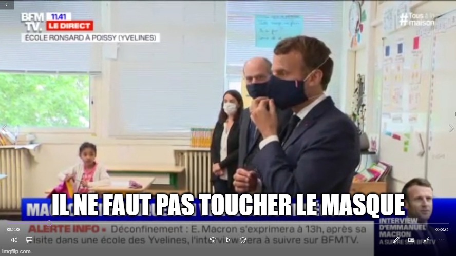 NastyTom_'s tweet photo. ➡️Visite de #Macron dans une école🏫 de #Poissy : 

si même dans un environnement hyper contrôlé pour la visite du PR, on peut constater 4 entorses au protocole sanitaire, qui peut honnêtement affirmer que tout se passera bien le #11mai ?😱

#Deconfinement11Mai 
#deuxiemevague https://t.co/ecmFOfERBQ