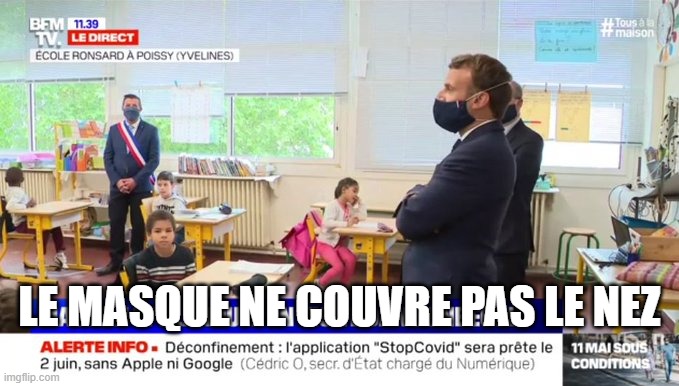 NastyTom_'s tweet photo. ➡️Visite de #Macron dans une école🏫 de #Poissy : 

si même dans un environnement hyper contrôlé pour la visite du PR, on peut constater 4 entorses au protocole sanitaire, qui peut honnêtement affirmer que tout se passera bien le #11mai ?😱

#Deconfinement11Mai 
#deuxiemevague https://t.co/ecmFOfERBQ