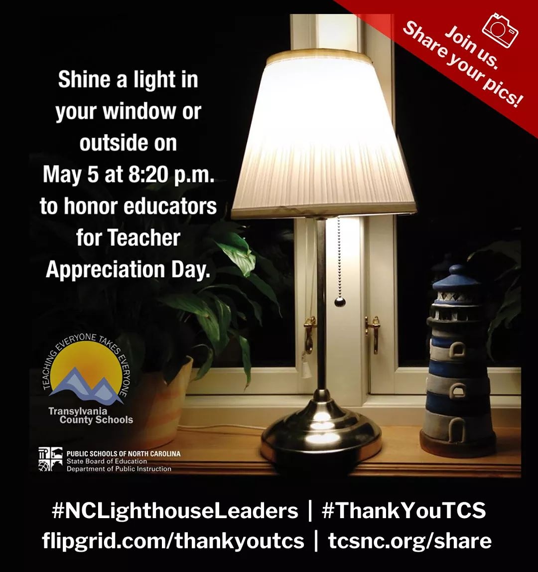 Transylvania County Schools (@transylvaniasch) on Twitter photo For #TeacherAppreciationDay, please display a light in a window or outside at 8:20pm (2020 military time) for 20 minutes to thank <a href="/ncpublicschools/">NC Public Schools</a> teachers who 🕯 light the way to learning.
Let's fill up feeds with light tonight! #NCLighthouseLeaders #TCSTogether #ThankYouTCS For #TeacherAppreciationDay, please display a light in a window or outside at 8:20pm (2020 military time) for 20 minutes to thank <a href="/ncpublicschools/">NC Public Schools</a> teachers who 🕯 light the way to learning.
Let's fill up feeds with light tonight! #NCLighthouseLeaders #TCSTogether #ThankYouTCS