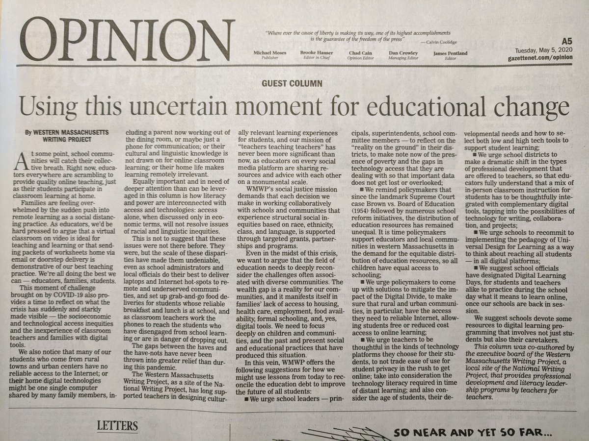 WesternMassWP's tweet image. Huge thanks to @DailyHampGaz for publishing our Western Massachusetts Writing Project editorial. We advocate using this unsettled time to notice and address inequities in poverty, access and technology in all school systems. The gaps are more visible than ever. #nwp #clmooc