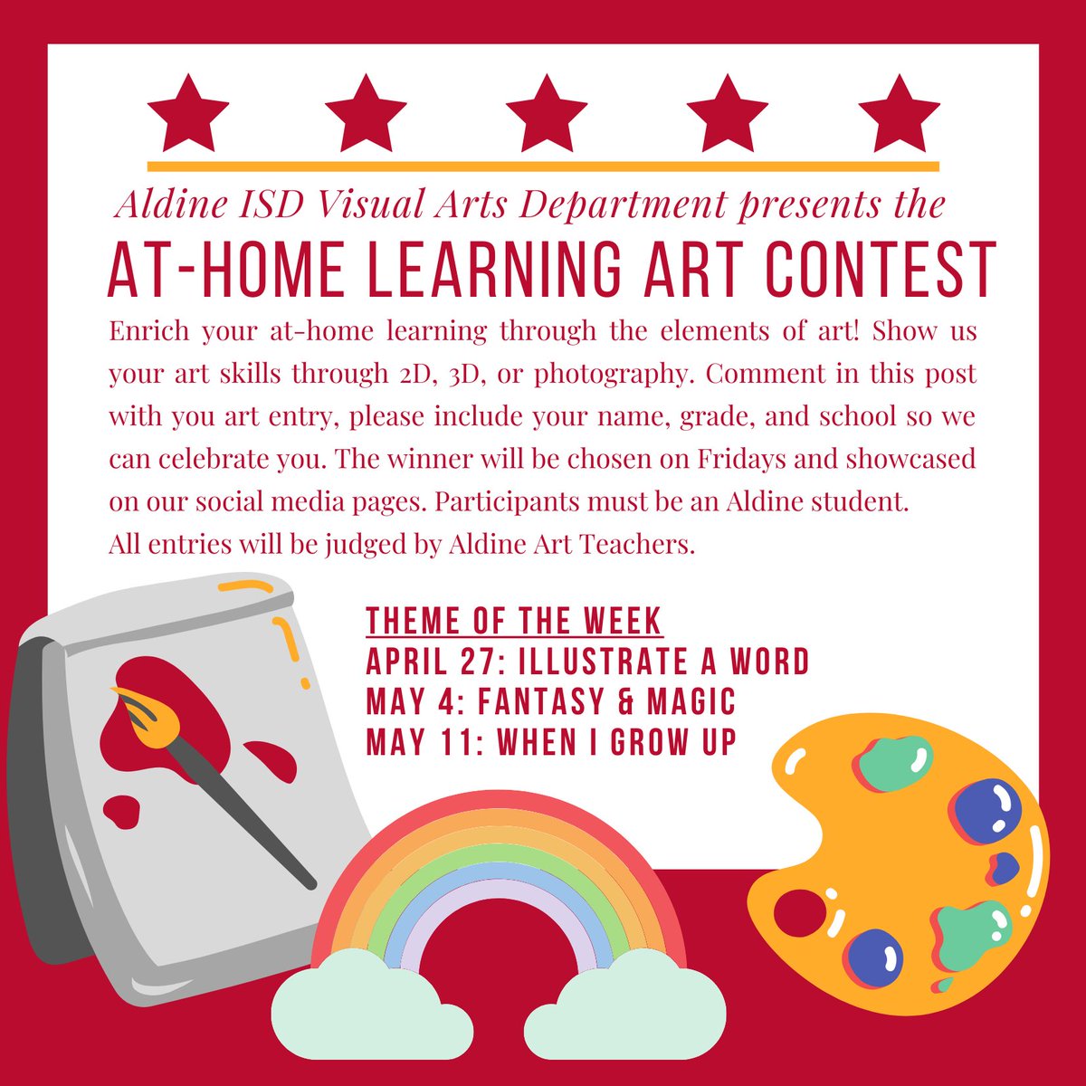 DrKels50's tweet photo. Remember our @AldineISD art contest is still going on - make magic happen on your paper! Tag us at #AldineArt! https://t.co/ZWbvgrYboG