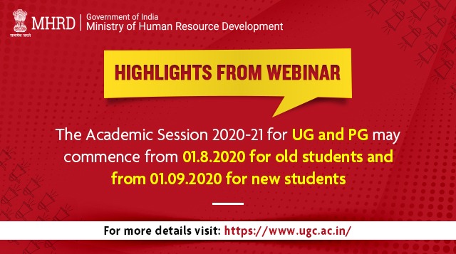 📢Highlights from today’s webinar!
The Academic Session 2020-21 for UG and PG may commence from 1st Aug‘20 for old students &amp; from 1st Sep’20 for new students.

For more details visit ugc.ac.in
#EducationMinisterGoesLive