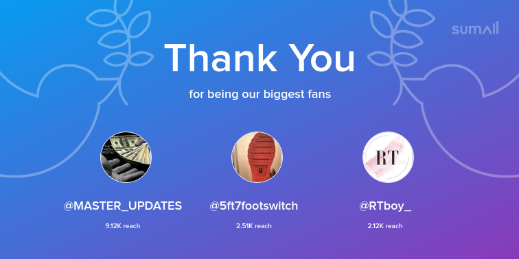 CashmasterJ6's tweet photo. Our biggest fans this week: MASTER_UPDATES, 5ft7footswitch, RTboy_. Thank you! via https://t.co/RByDPm8Yjq https://t.co/w5OQQFQc1D