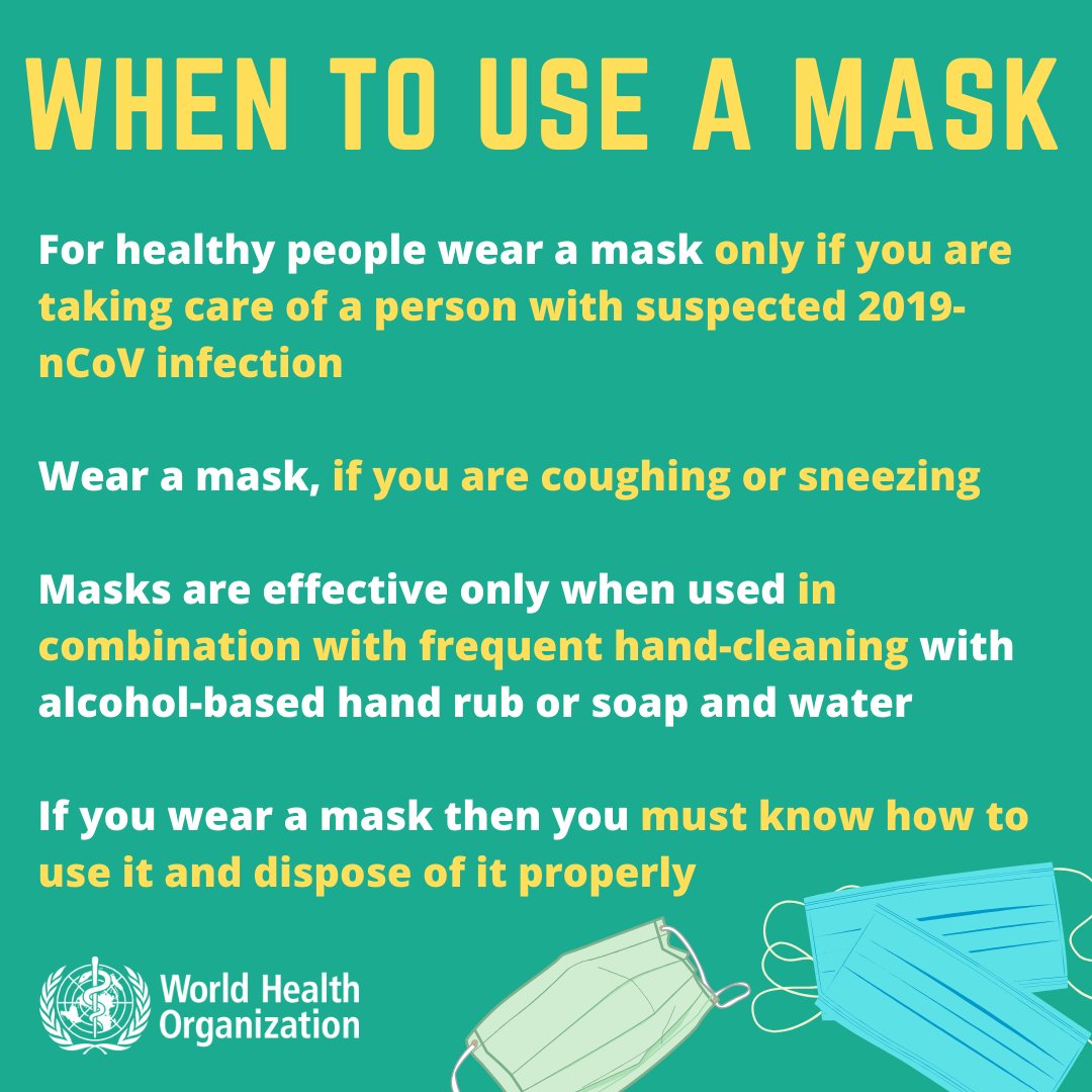 Chapter 7 of 9

#FaceMasks were not originally advised to fight #Covid19.

Very often they’re used badly and cause a false sense of security, leading to lenience on #SocialDistancing and #Hygiene. Here’s what the <a href="/WHO/">World Health Organization (WHO)</a> advises.
#KOT #LockDown
