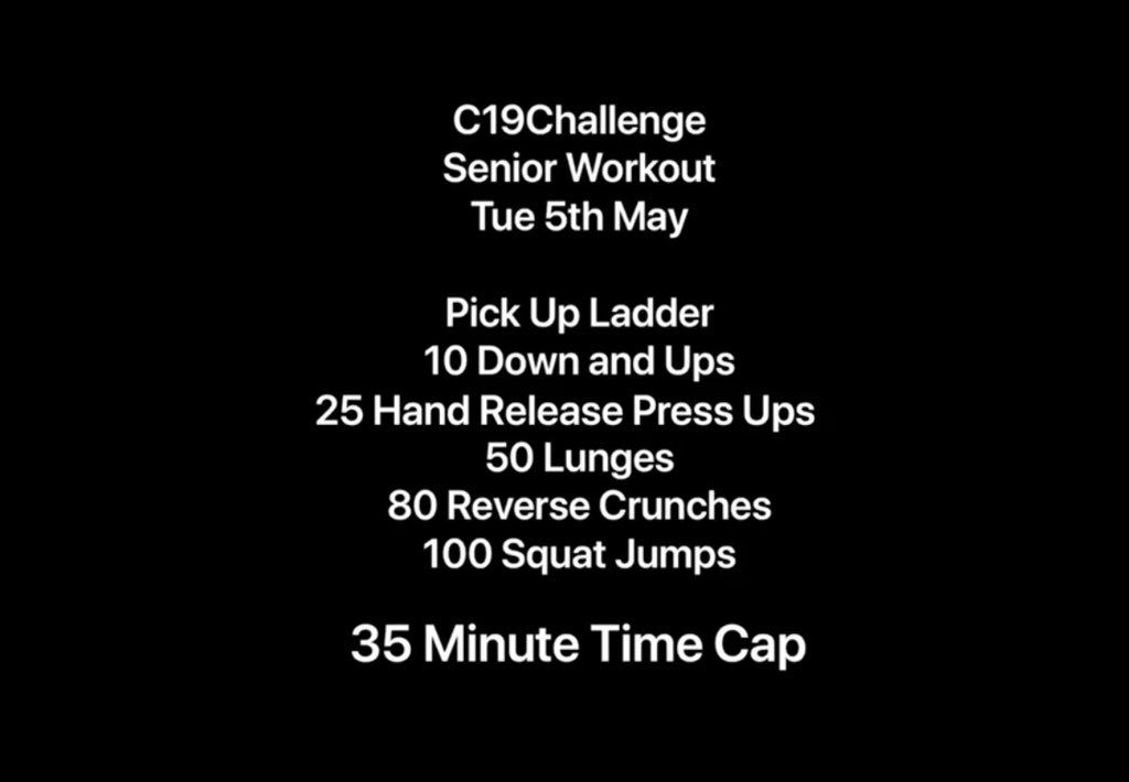 NAVYfit's tweet photo. Day 2 of the C19 Challenge and today’s workout is a Pick Up Ladder with a 35 minute time cap! Full demo of movements on the NAVYfit FB or Instagram. For more info email: c19challenge@gmail.com or see @c19challenge on Instagram.

https://t.co/ux1EMghHjo

#NAVYfit #c19challenge https://t.co/OYtNTl4jwz