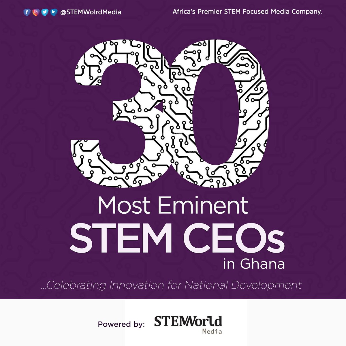 koodaki2019's tweet photo. 30 MOST EMINENT STEM CEOs IN GHANA 2020.

...celebrating innovation for national development. 

Nominate by tagging a STEM CEO under this post or send nomination to info@stemworldmedia.com 

Powered by STEMWorld Media https://t.co/ovcYYVK15C