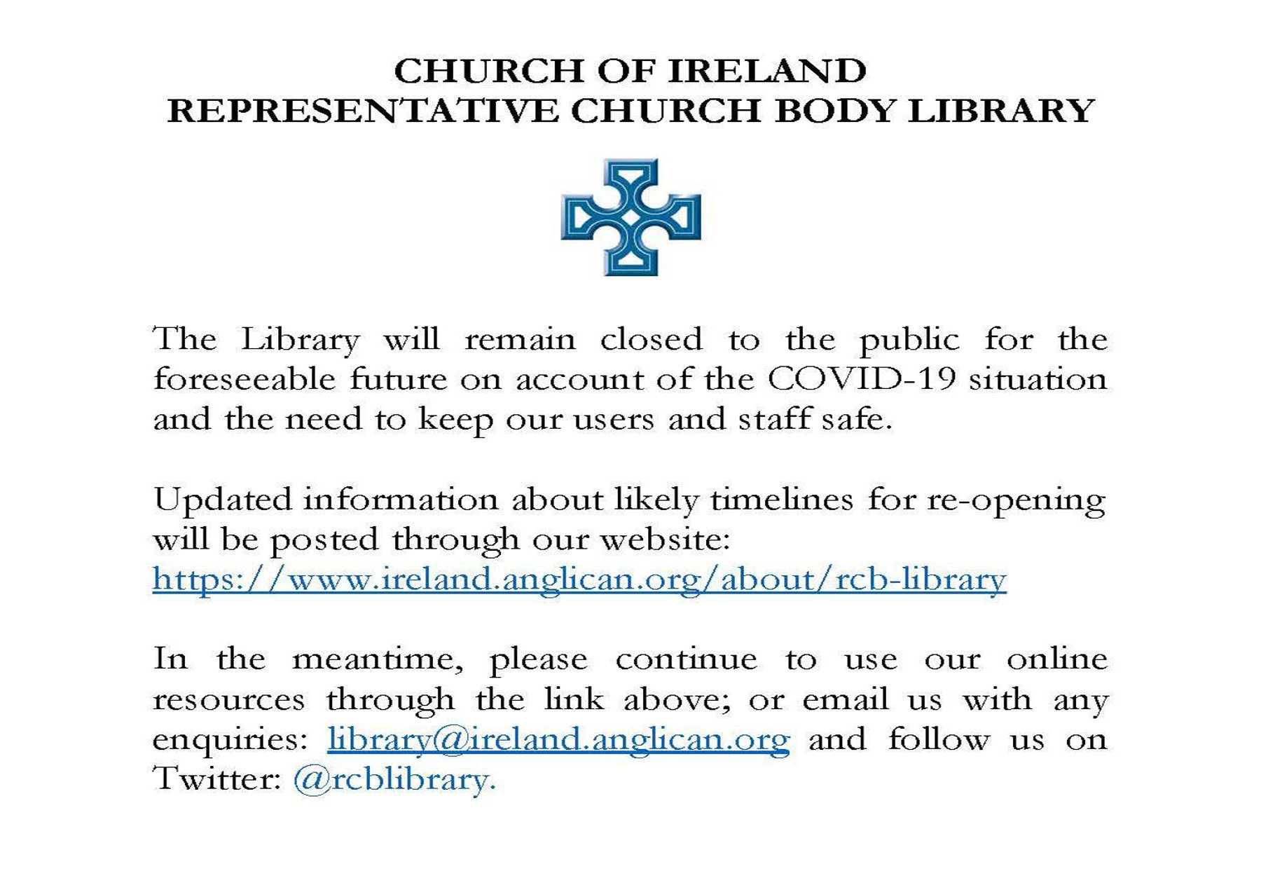 Church Of Ireland On Twitter Location Amp Contact Details Follow Rcblibrary The Library Is Located Opposite No 33 Braemor Park Postal Address Representative Church Body Library Braemor Park Churchtown Dublin 14 D14