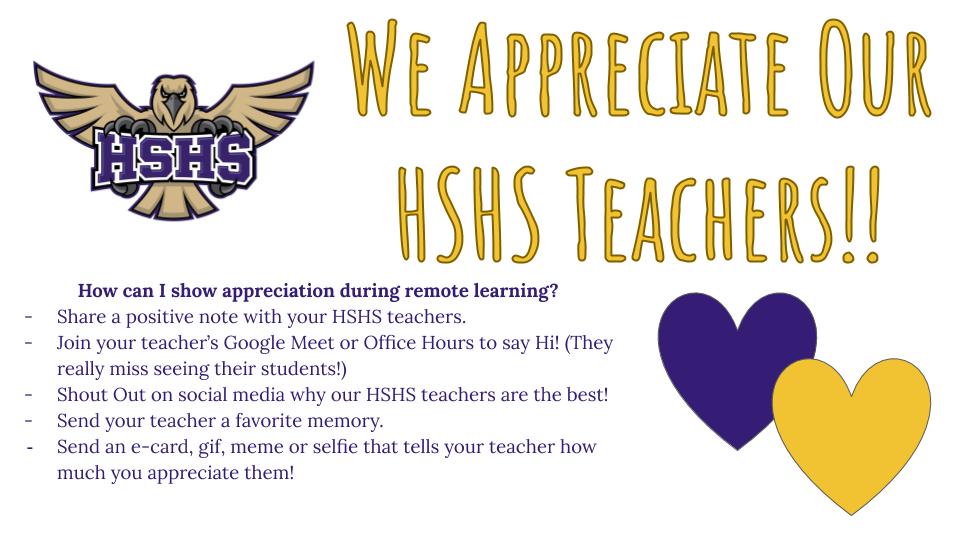 <a href="/HSHSnews/">Holly Springs High</a> Community, It's Teacher Appreciation Week! 
 Please take a minute to reach out to your teachers, they miss you! #hshawksyeah  #WCPSSThankATeacher
