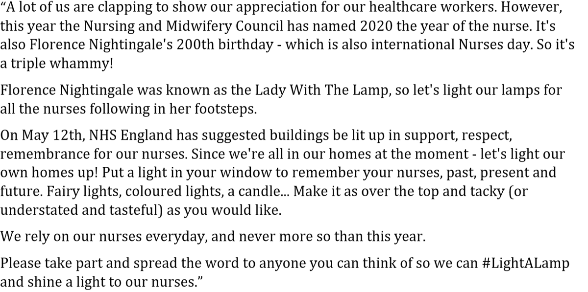jenginnyluna's tweet photo. Please spread the word and #LightALamp for our nurses on May 12th 🕯️#StN #Nurses #yearofthenurse2020 #May12th @theRCN @bbcemt @nmcnews https://t.co/pIJPySbNUl