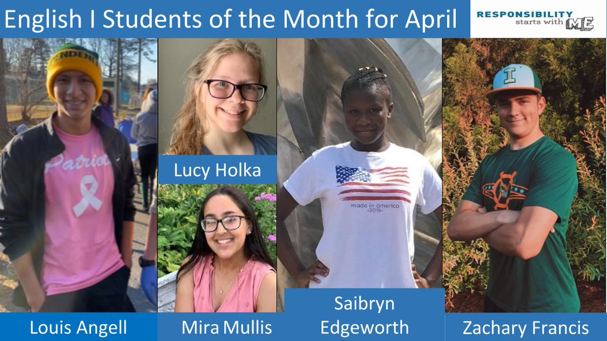 BigIPatriots's tweet photo. We would like to congratulate our English I Students of the Month for April: Lucy Holka, Saibryn Edgeworth, Louis Angell, Zachary Francis, and Mira Mullis!  Check out why their teachers selected these outstanding students! (1/2) https://t.co/pQh8XUb7Ej