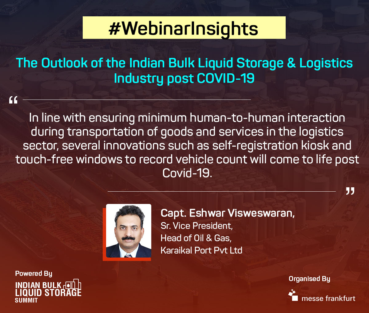 iblssummit's tweet photo. #WebinarInsights

The #logistics sector will need to undergo many changes to adapt to the new normal post #COVID19. Here’s what Capt. Visweswaran Eshwar said ! https://t.co/l1FIyRcbDp