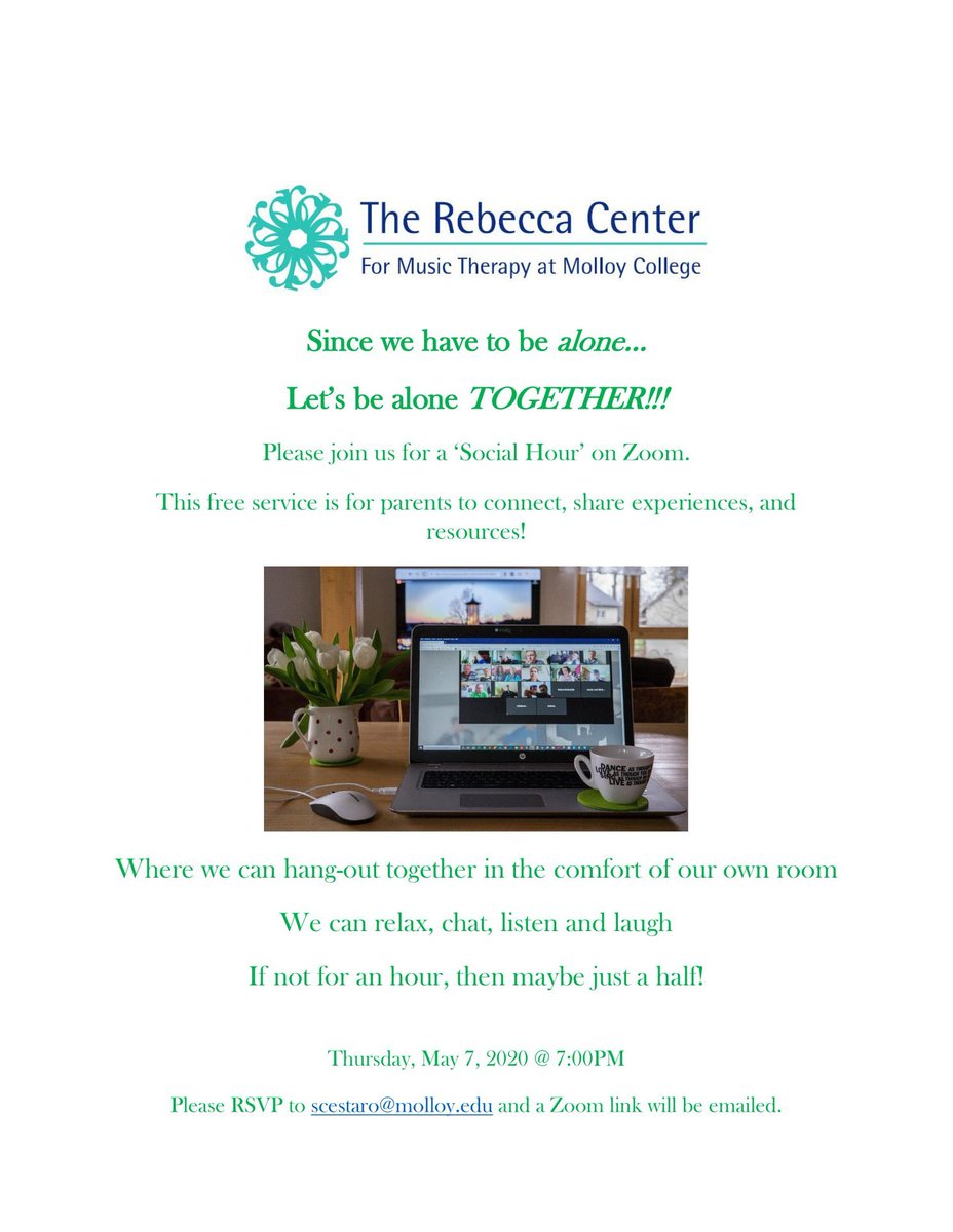 DrJohnMTBC's tweet photo. @Rebecca_Center at @MolloyCollege is offering FREE social hour for parents every Thurs at 7:00pm- for support, connection, respite. Email to RSVP for Zoom link. PLEASE SHARE. this is open to ALL! @malonechris @MyProfectum @dirfloortime @affectautism @audrey_cohan https://t.co/jpirFvLbjJ