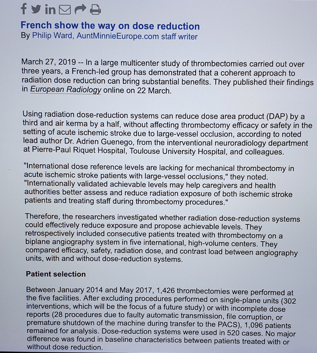 GuenegoAdrien's tweet image. Amazing article on our terrific paper concerning achievable doses for Thrombectomy with @PascalMosimann @VitorMendesPer1 @paddynicholson @FondARothschild @StanfordNRAD @JeremyHeitMDPHD 
#Thrombectomy #Stroke #dosereduction #radiation #RADONinvestigators #europeanradiology